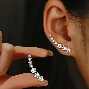 Elegant Silver Cherry Blossom Diamond Climber Earrings